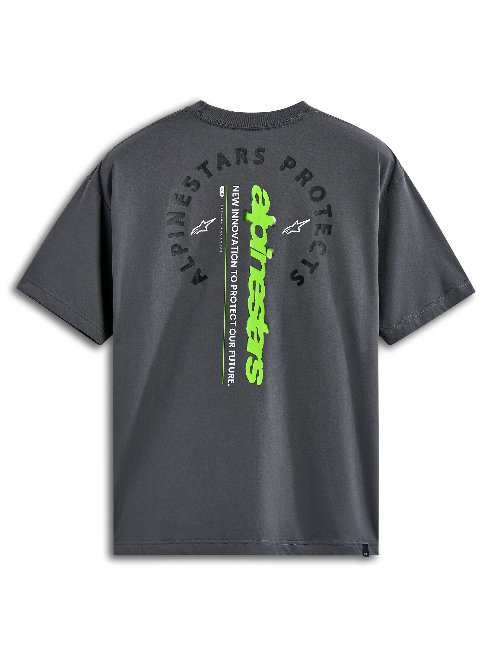 Alpinestars Overhang Oversized CSF Tee, Short Sleeve T-Shirt, Charcoal, Back view featuring arched 'Alpinestars Protects' text and a vertical lime green wordmark, casual motorsport-inspired streetwear