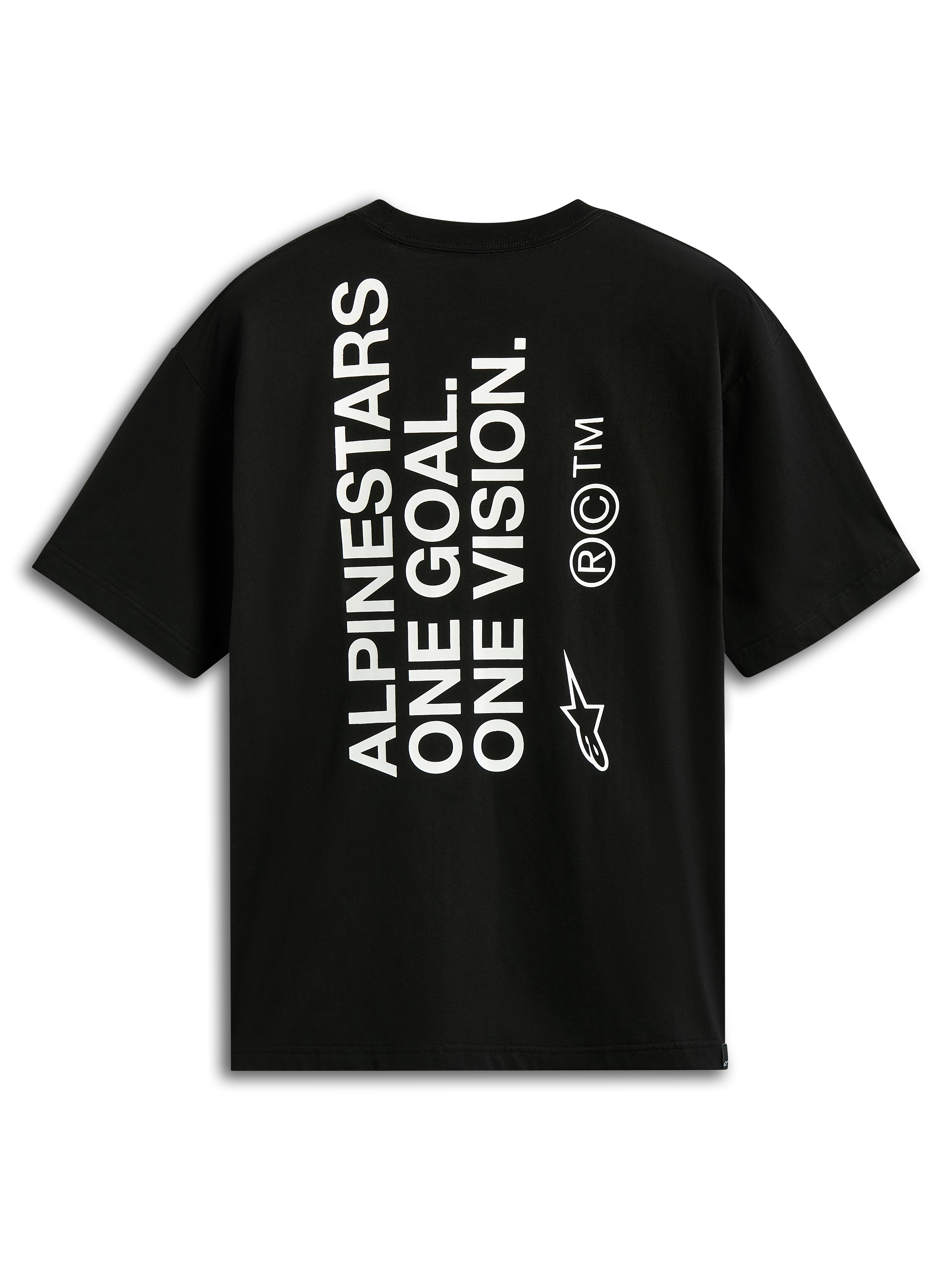 Alpinestars One Oversized CSF Tee, Short Sleeve T-Shirt, Black, back view with vertical white 'ALPINESTARS ONE GOAL. ONE VISION.' text and Astars logo, casual motorsport streetwear