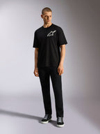 Alpinestars One Oversized CSF Tee, Short Sleeve T-Shirt, Black, White Astars Logo on chest, oversized fit, worn by model with black pants and sneakers, casual lifestyle streetwear