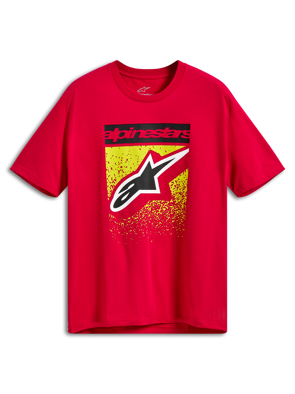Alpinestars Noka CSF Tee, Short Sleeve T-Shirt, Red, Front Graphic with Black Alpinestars Text Bar and Large Astars Logo over Yellow and Red MX Gradation Splatter, Casual Motorsport Sportswear