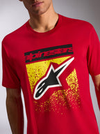 Alpinestars Noka CSF Tee, Short Sleeve T-Shirt, Red, Front graphic with black Alpinestars text and Astars logo over yellow speckled design, Casual Motorsport Streetwear