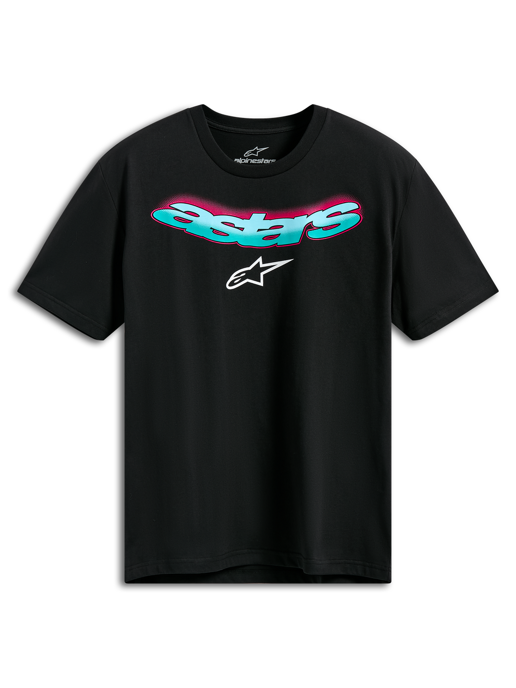 Alpinestars Ellipsoid CSF Tee, Short Sleeve T-Shirt, Black, curved teal Astars wordmark with pink gradient and white logo, Casual Motorsport Sportswear