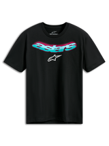 Alpinestars Ellipsoid CSF Tee, Short Sleeve T-Shirt, Black, curved teal Astars wordmark with pink gradient and white logo, Casual Motorsport Sportswear