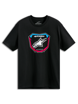 Alpinestars Plate CSF Tee, Short Sleeve T-Shirt, Black, Front MX Plate Graphic with White Star Logo and Blue and Pink Accents, Casual Motorsport Sportswear