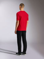 Alpinestars Plate CSF Tee, Short Sleeve T-Shirt, Red, Back View, worn with black pants and sneakers, casual motorsport-inspired streetwear