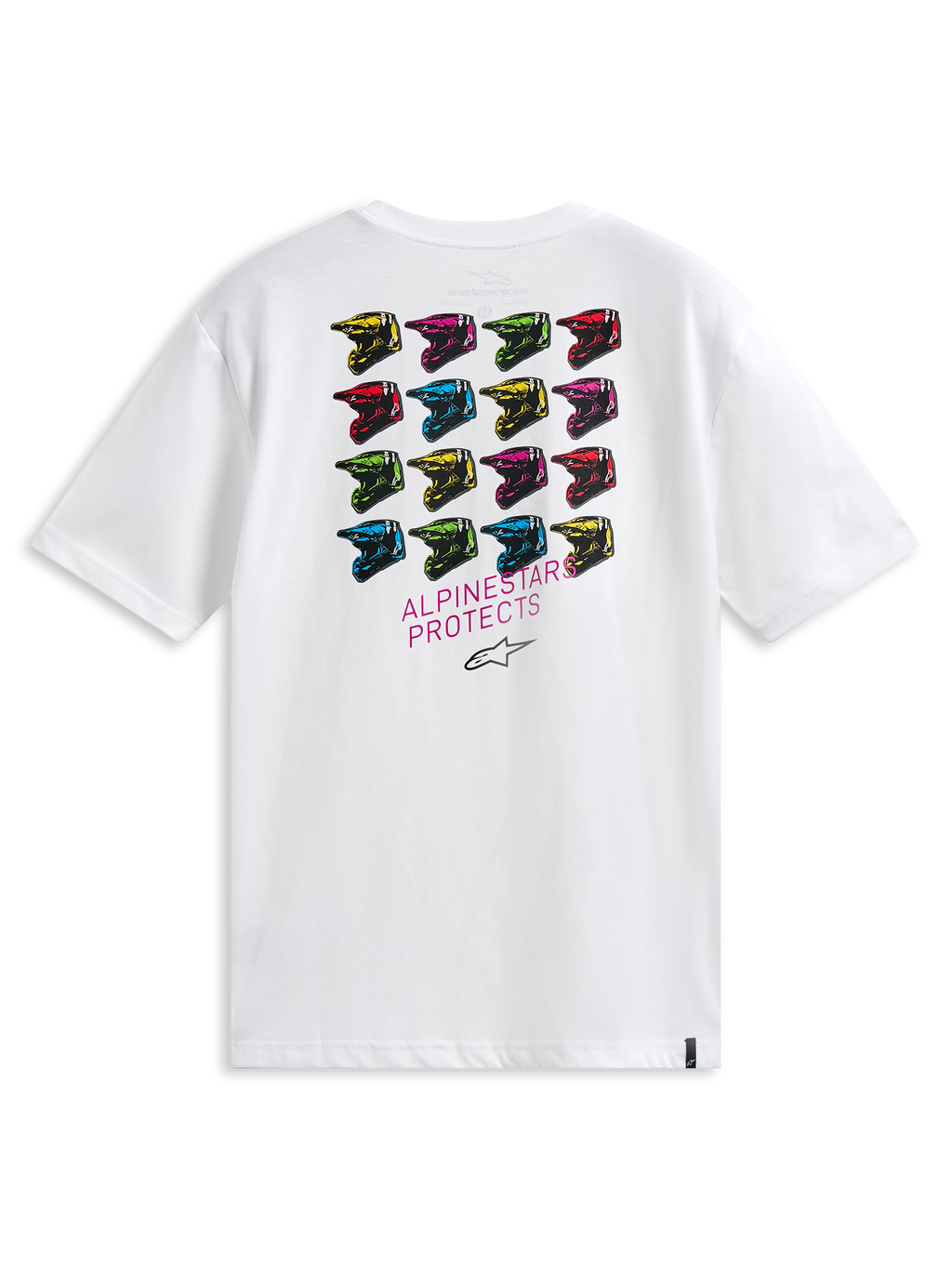 Alpinestars Pop Helmet CSF Tee, Short Sleeve T-Shirt, White, back view featuring a grid of multi-colored M10 helmets and ALPINESTARS PROTECTS text, casual motorsport-inspired streetwear