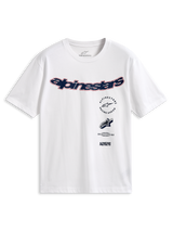 Alpinestars Abus CSF Tee, Short Sleeve T-Shirt, White, Curved Navy Alpinestars Logo with Red Outline, Multi Stacked Graphics on Front, Casual Motorsport Streetwear