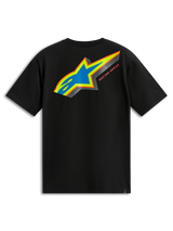 Alpinestars Angler CSF Tee, Short Sleeve T-Shirt, Black, Back View featuring Multi-Color Astars Logo with Blue Perforated Fill and Racing Ahead Text, Casual Motorsport Streetwear