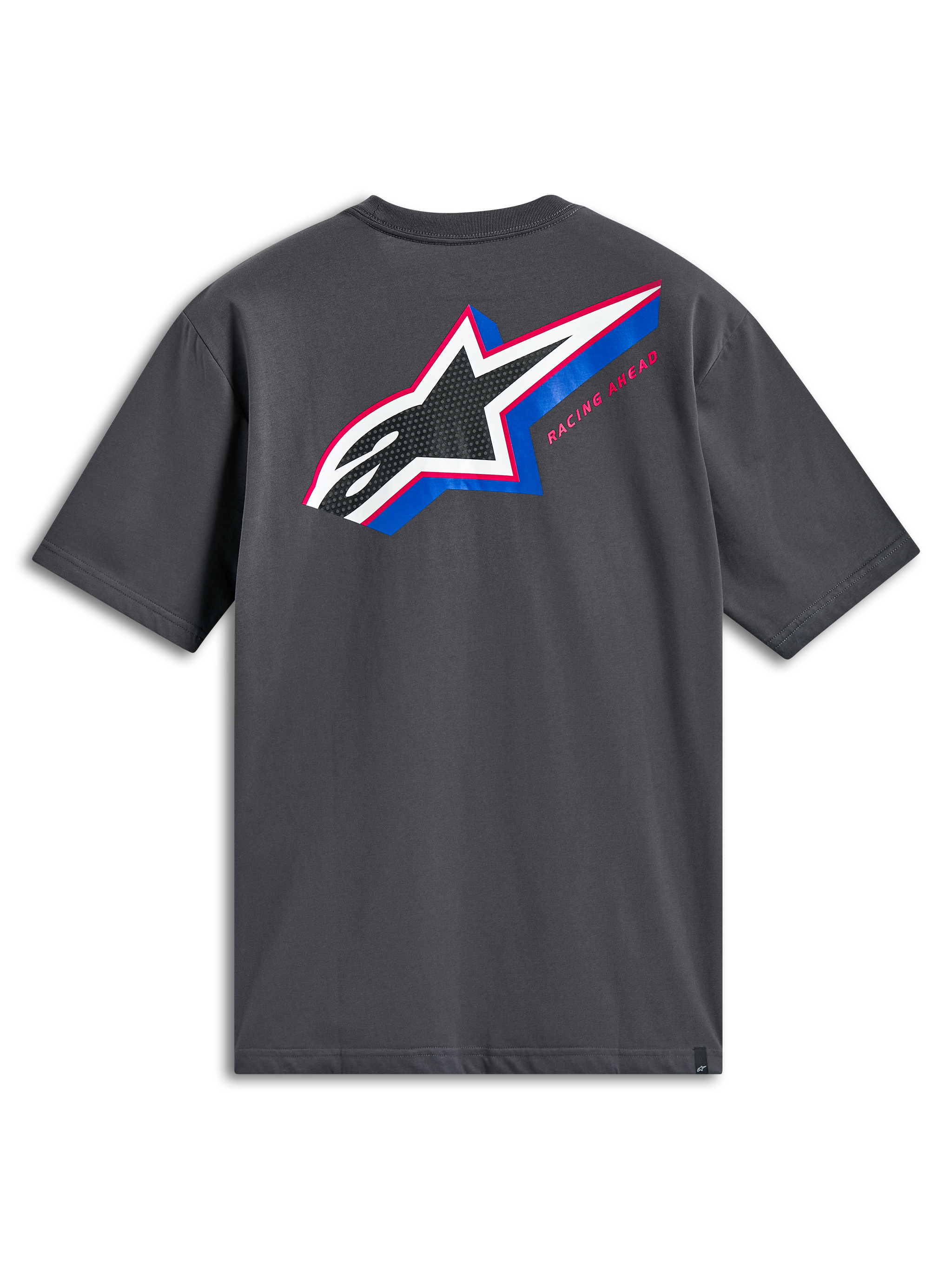 Alpinestars Angler CSF Tee, Short Sleeve T-Shirt, Charcoal Gray, Back view featuring large multi-color Astars logo with perforated fill, blue and pink accents and 'Racing Ahead' text, casual motorsport streetwear