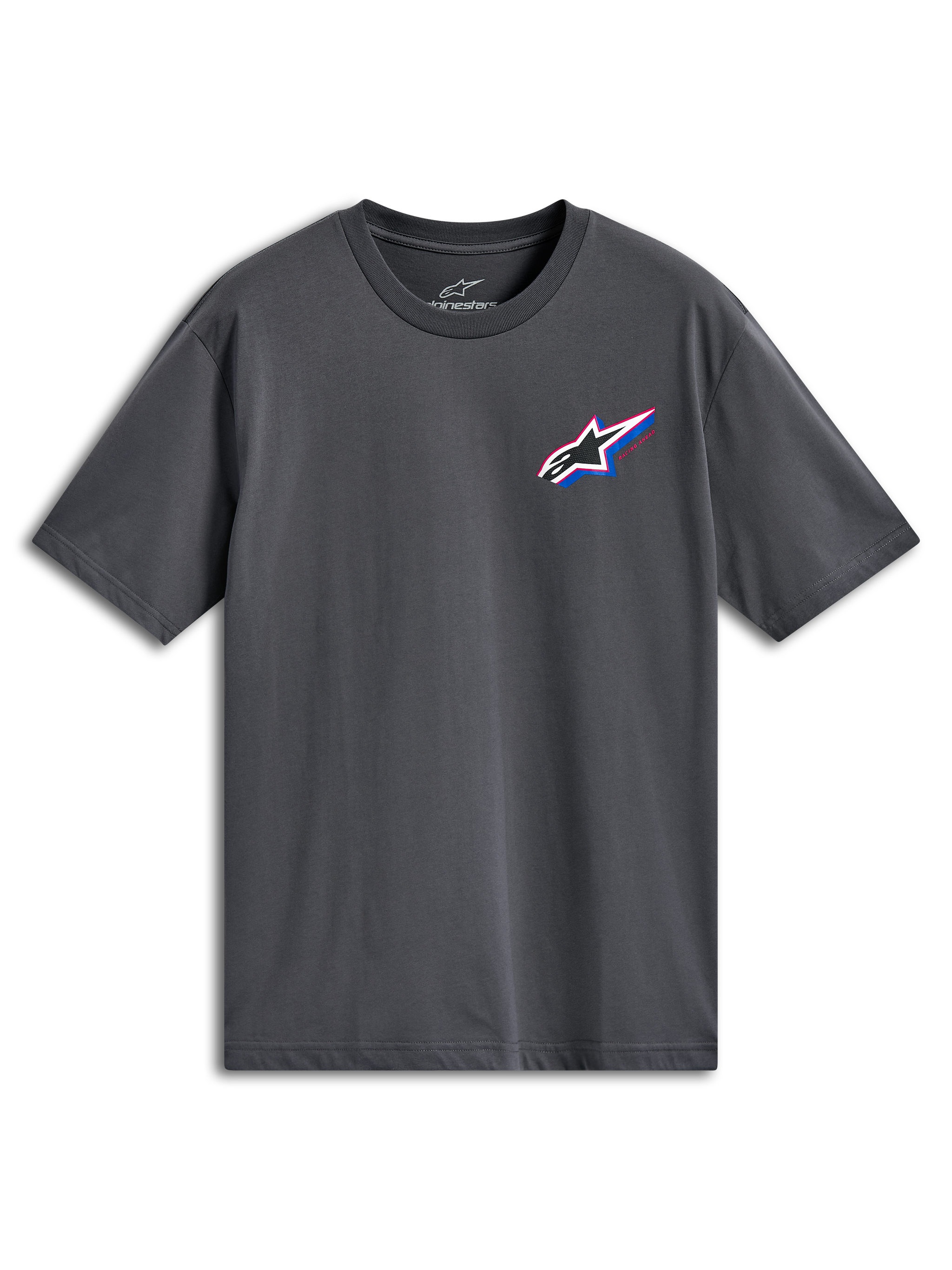 Alpinestars Angler CSF Tee, Short Sleeve T-Shirt, Charcoal Gray, multi-color Astars logo on left chest with red and blue accents, Casual Motorsport Streetwear