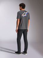 Alpinestars Angler CSF Tee, Short Sleeve T-Shirt, Charcoal, vibrant multi-color Astars logo on back with red and blue stripes, casual motorsport streetwear