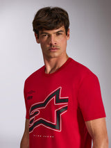 Alpinestars Authority CSF Tee, Short Sleeve T-Shirt, Red, Large Cropped Black and White Astars Logo with Outline, worn by model, casual motorsport-inspired streetwear