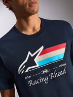 Alpinestars Trifecta CSF Tee, Short Sleeve T-Shirt, Navy Blue, White Astars Logo with Tri-Color Stripes and Racing Ahead Text, Casual Motorsport Sportswear