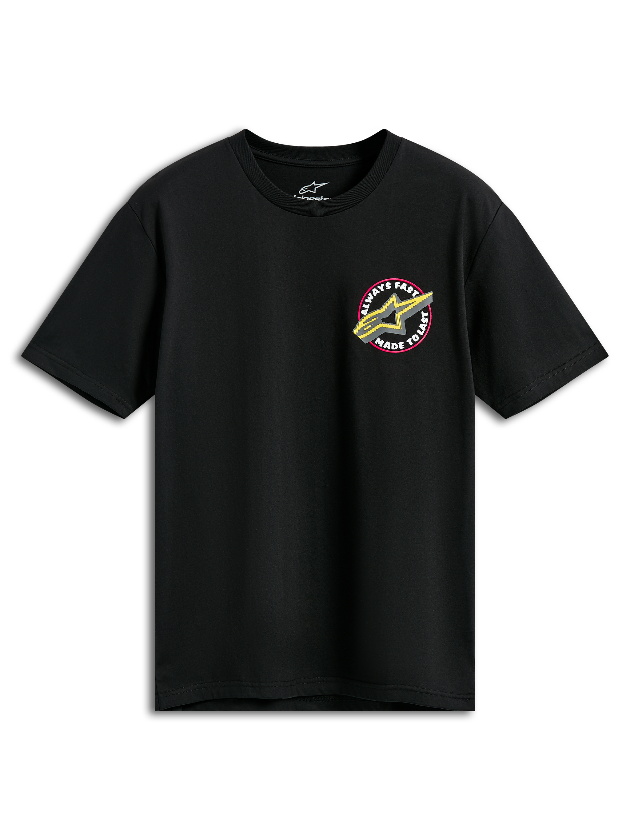 Alpinestars Aorbit CSF Tee, Short Sleeve T-Shirt, Black, Pink and Yellow Astars Logo with Always Fast Made to Last graphic, Casual Motorsport Sportswear