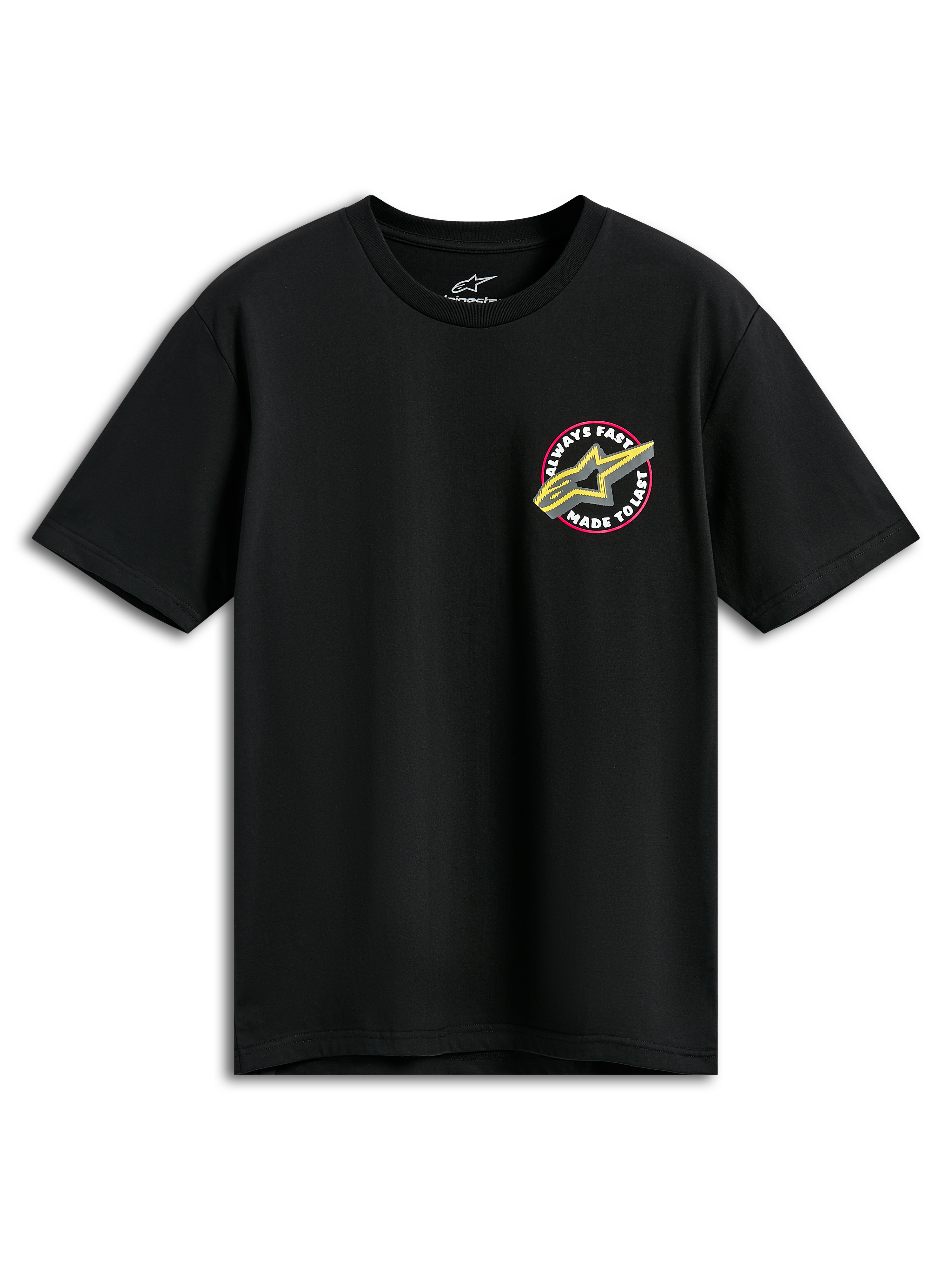 Alpinestars Aorbit CSF Tee, Short Sleeve T-Shirt, Black, Pink and Yellow Astars Logo with Always Fast Made to Last graphic, Casual Motorsport Sportswear