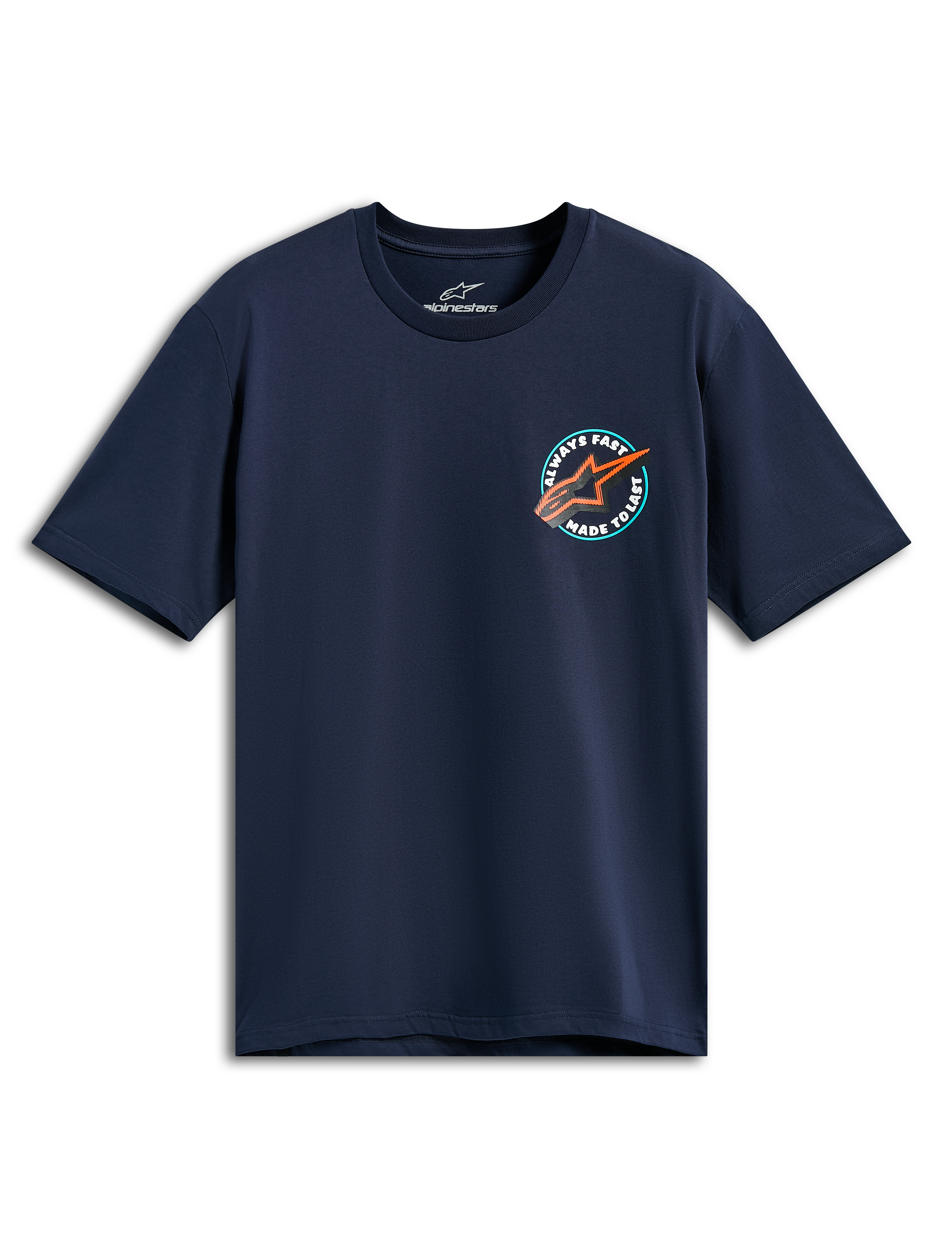 Alpinestars Aorbit CSF Tee, Short Sleeve T-Shirt, Navy Blue, Circular Chest Graphic with Orange Astars Logo and Always Fast Made to Last text, Casual Motorsport Sportswear