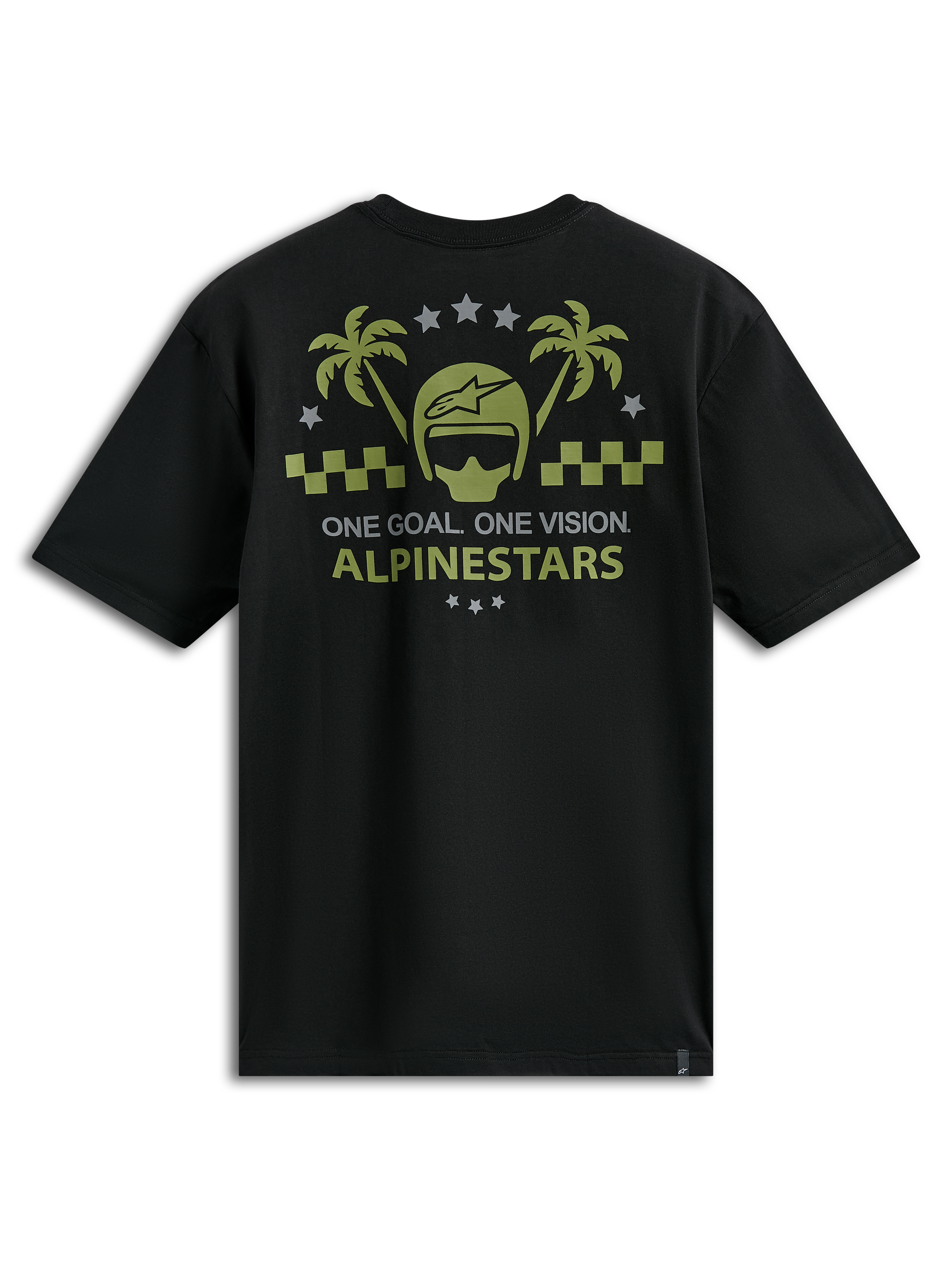 Alpinestars Order CSF Tee, Short Sleeve T-Shirt, Black, Olive Green and Grey Graphic with Helmet and Palm Trees, One Goal One Vision Text, Casual Motorsport Sportswear