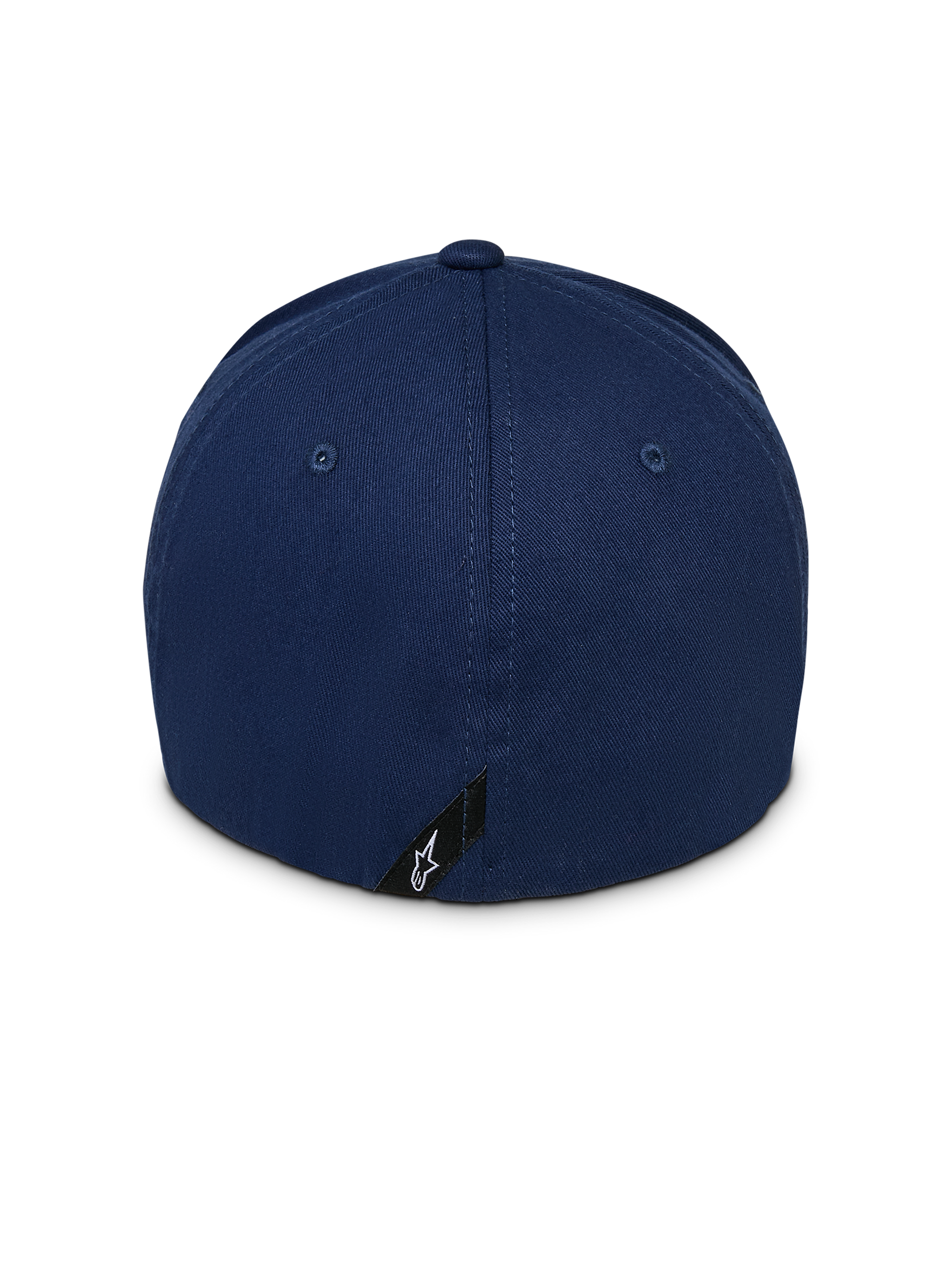 Alpinestars Instinct Hat, Navy Blue Baseball Cap, back view showing structured crown and flex back design, featuring a small black label with white Astars star logo at the bottom rim