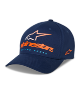 Alpinestars Instinct Hat, Navy Blue Baseball Cap, curved bill with structured crown, front Astars logo with orange wordmark and light blue "Racing Ahead" text, side embroidered logo, casual sportswear headwear