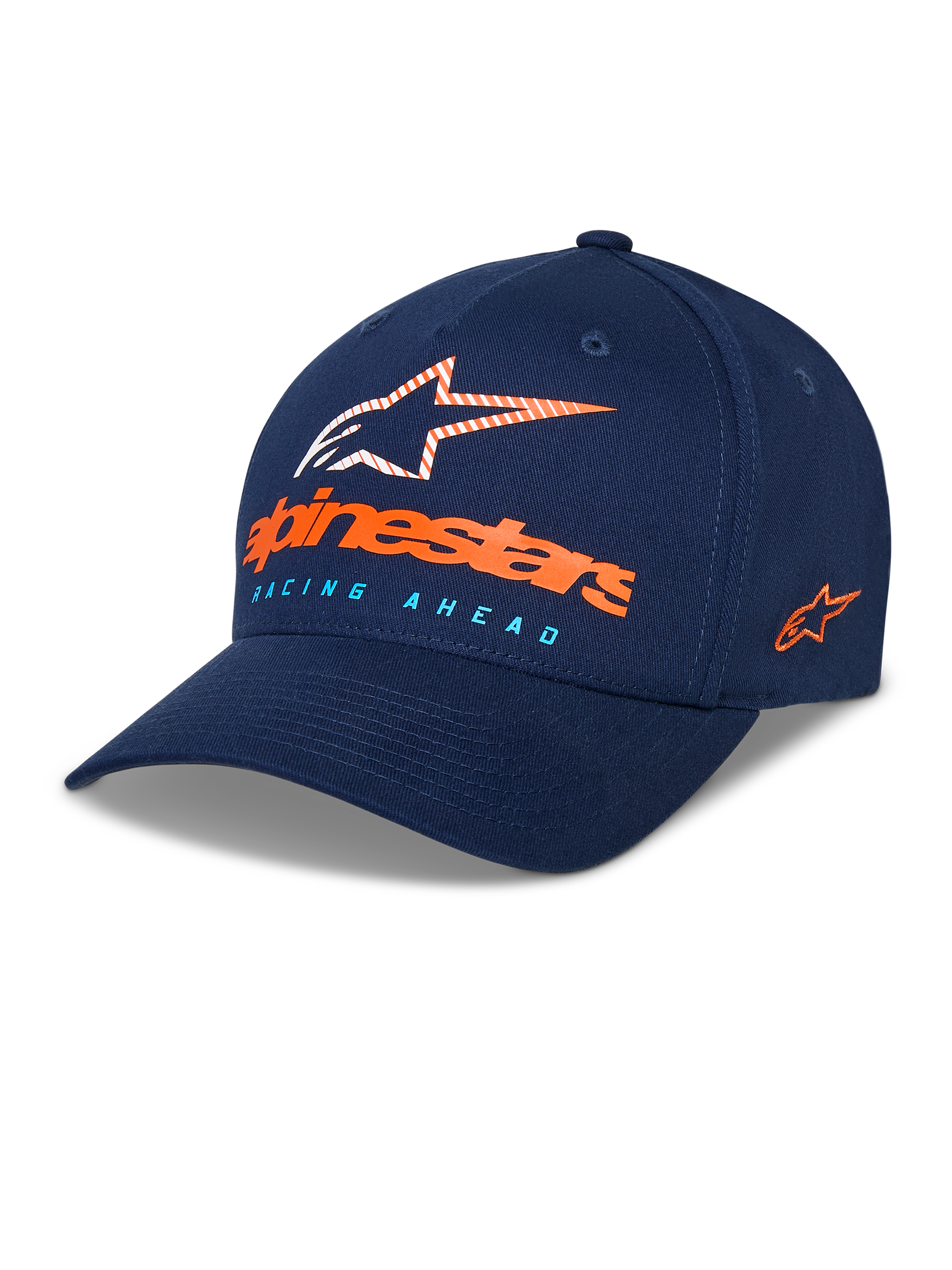 Alpinestars Instinct Hat, Navy Blue Baseball Cap, curved bill with structured crown, front Astars logo with orange wordmark and light blue "Racing Ahead" text, side embroidered logo, casual sportswear headwear