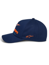 Alpinestars Instinct Hat, Navy Blue sportswear hat, side profile view featuring curved bill, orange embroidered side logo, front logo with orange gradient print, structured twill fabric crown