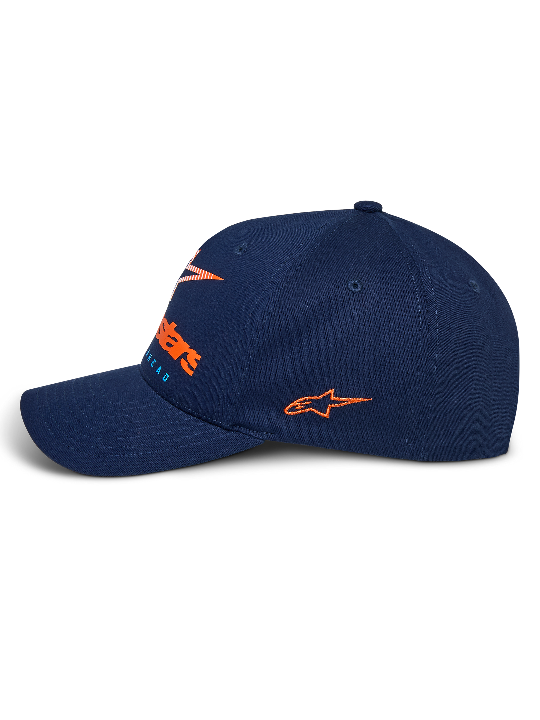 Alpinestars Instinct Hat, Navy Blue sportswear hat, side profile view featuring curved bill, orange embroidered side logo, front logo with orange gradient print, structured twill fabric crown