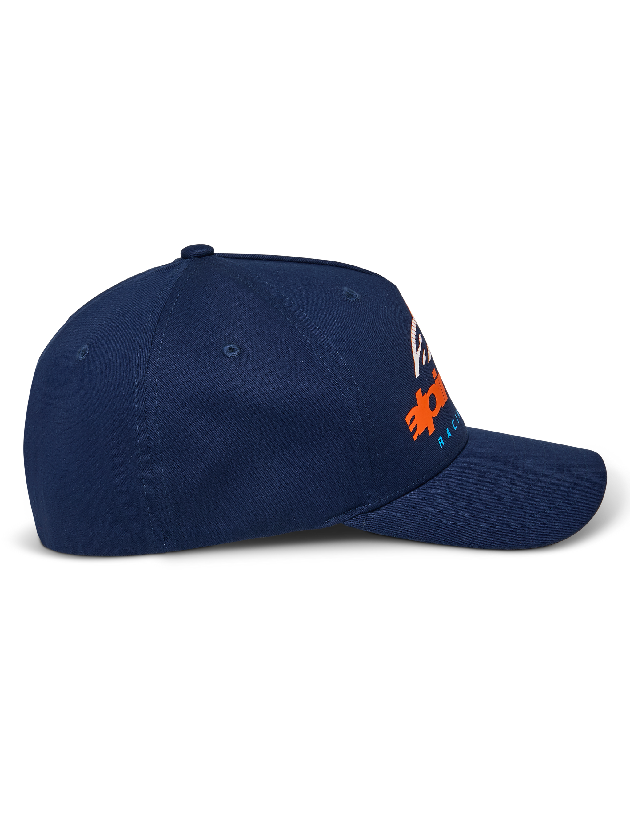 Alpinestars Instinct Hat, Navy, curved bill with structured crown, side profile view featuring orange and blue gradient logo print, casual sportswear