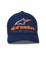 Alpinestars Instinct Hat, Navy Blue baseball cap, curved bill with structured crown, front orange Alpinestars wordmark and striped star logo, light blue "RACING AHEAD" text, casual sportswear