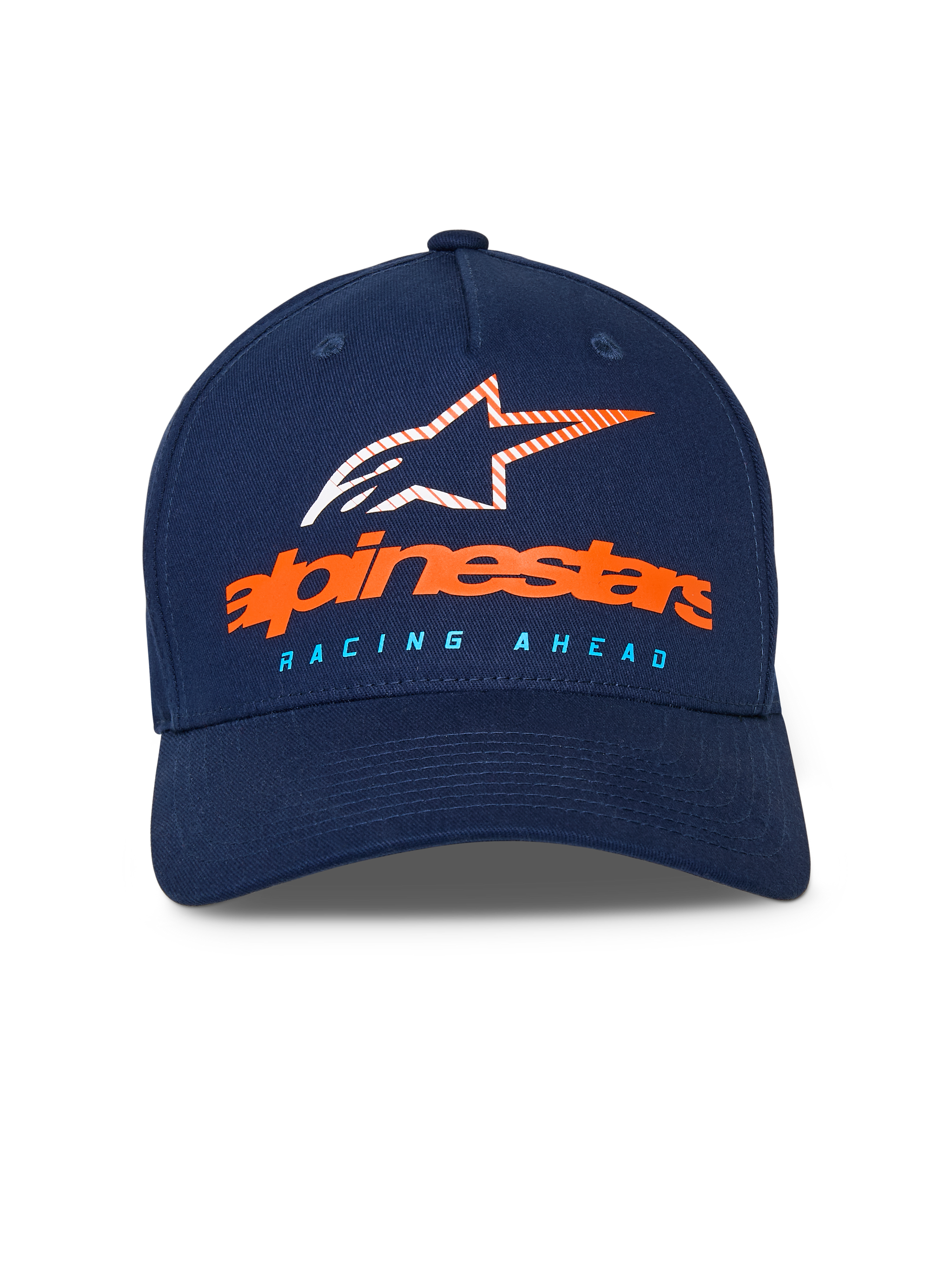 Alpinestars Instinct Hat, Navy Blue baseball cap, curved bill with structured crown, front orange Alpinestars wordmark and striped star logo, light blue "RACING AHEAD" text, casual sportswear