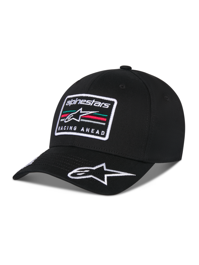 Alpinestars Surpass Hat, Curved Bill Baseball Cap, Black, featuring a front embroidered rectangular patch with the Astars logo and 'Racing Ahead' text, white embroidered logo on the bill, structured crown and twill fabric for casual motorsport-inspired streetwear.