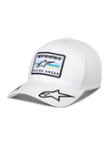 Alpinestars Surpass Hat, White curved bill baseball cap, structured crown, features front embroidered patch with Astars logo and 'RACING AHEAD' text, additional star logo on the bill, casual motorsport-inspired headwear
