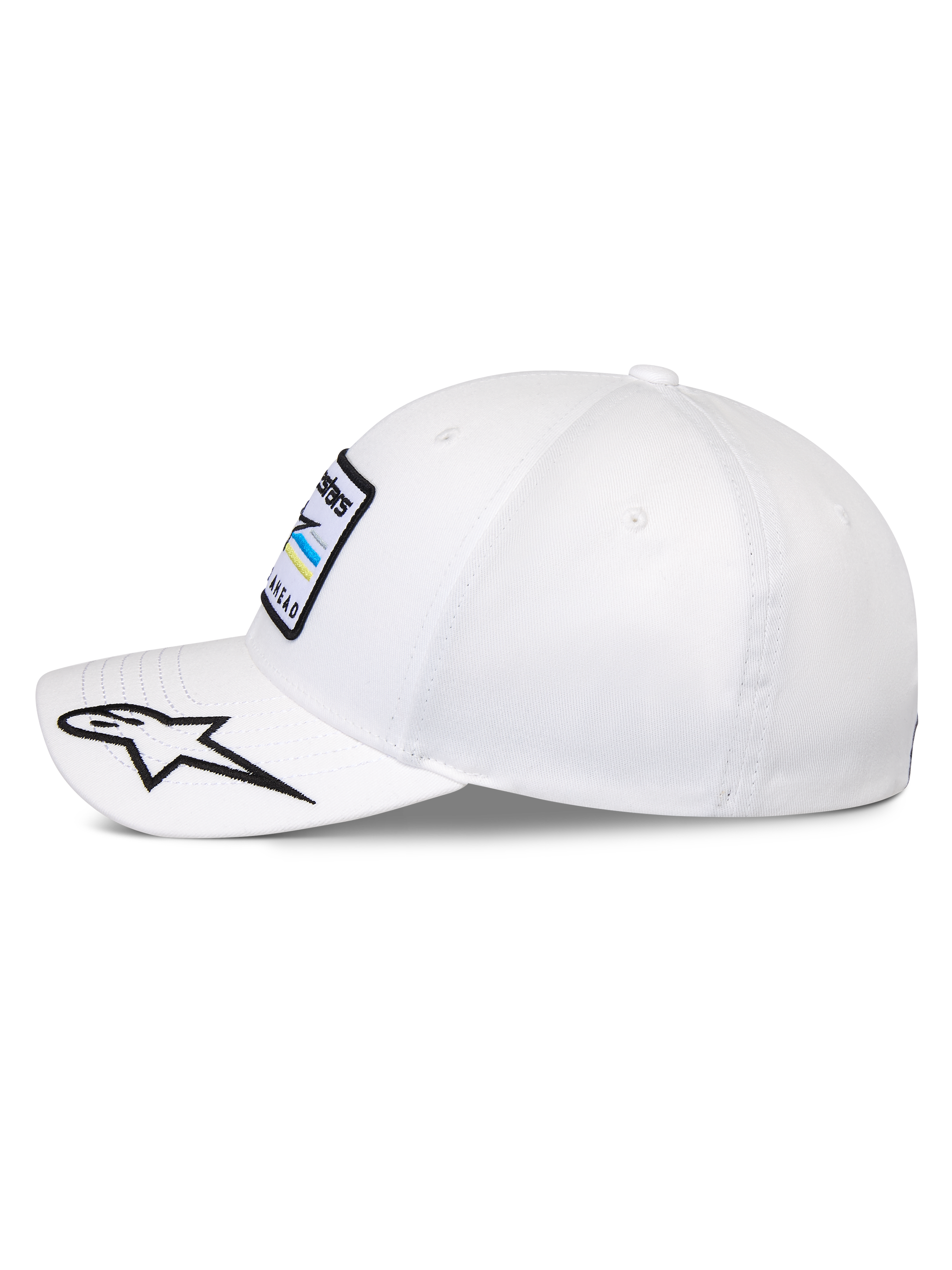 Alpinestars Surpass Hat, Structured Baseball Cap, White, curved bill with embroidered black and white star logo, side profile view showing front Astars logo patch, casual motorsport-inspired headwear