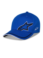 Alpinestars Corp Shift Relay Hat, Blue Structured Baseball Cap, featuring large 3D black Astars star logo with white outline, small white side logo, and curved bill with black and white trim details