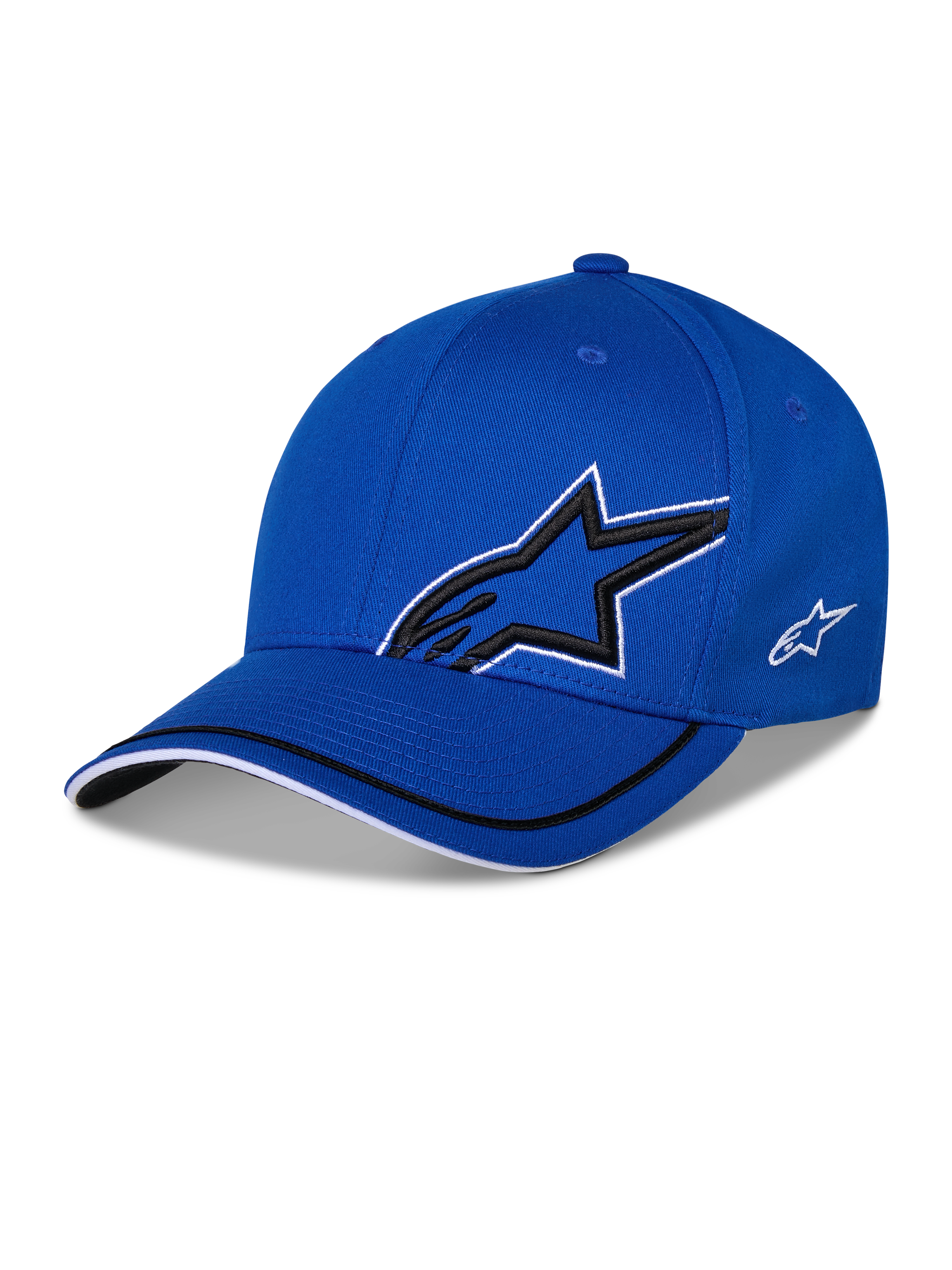 Alpinestars Corp Shift Relay Hat, Blue Structured Baseball Cap, featuring large 3D black Astars star logo with white outline, small white side logo, and curved bill with black and white trim details