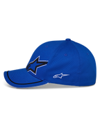 Alpinestars Corp Shift Relay Hat, Blue, side profile view, curved bill with black sutache trim and white sandwich edge, features large 3D Astars logo on front and smaller white logo on the side, casual sportswear hat