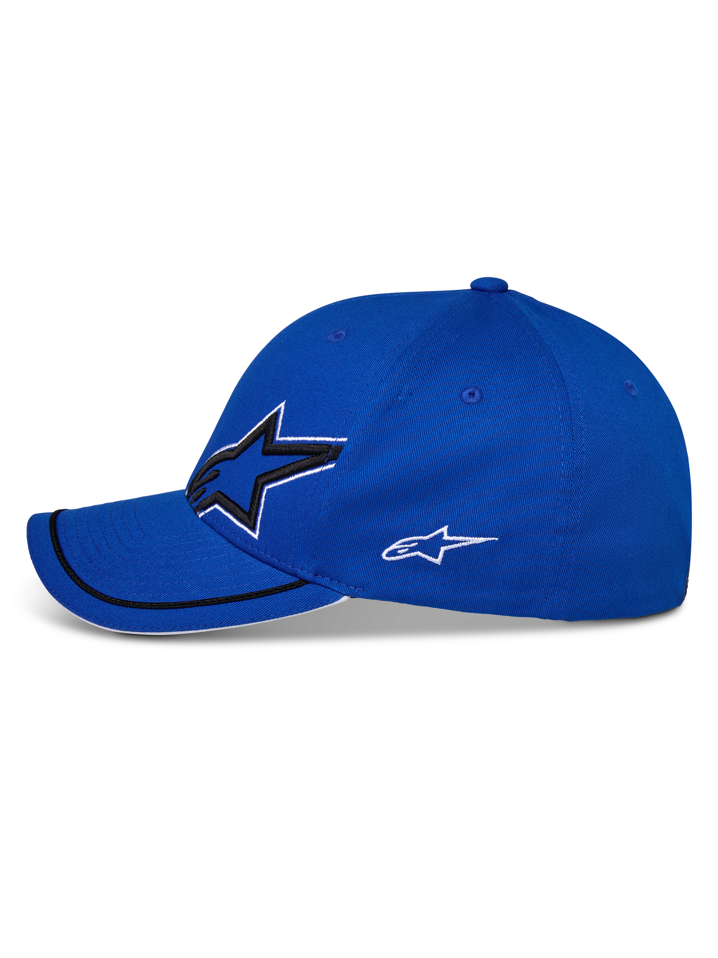 Alpinestars Corp Shift Relay Hat, Blue, side profile view, curved bill with black sutache trim and white sandwich edge, features large 3D Astars logo on front and smaller white logo on the side, casual sportswear hat