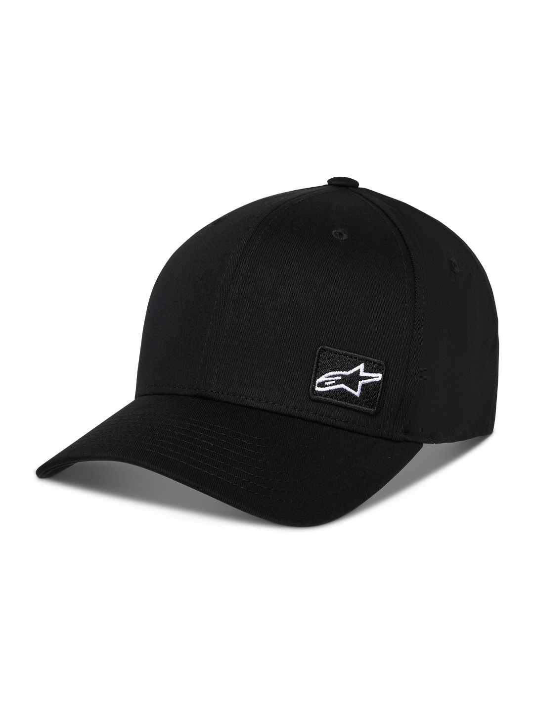 Alpinestars Pivot Hat, Black Sportswear Hat, featuring a curved bill and structured crown, small white Astars logo patch on the side, casual motorsport-inspired design