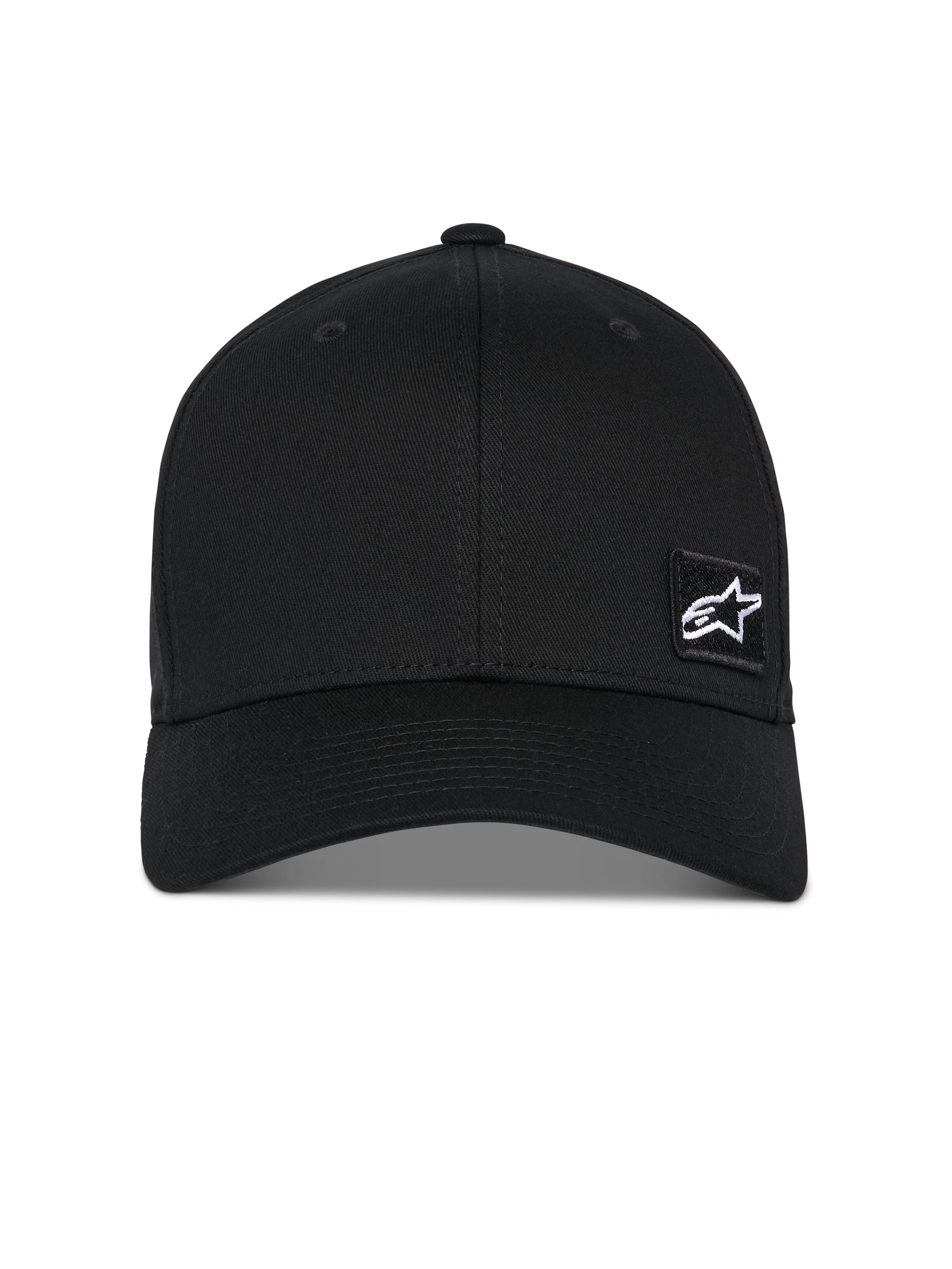 Alpinestars Pivot Hat, Black Baseball Cap, curved bill with structured crown, small white Astars star logo on a black embroidered patch, casual motorsport-inspired sportswear