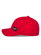 Alpinestars Pivot Hat, Red Sportswear Hat, side profile showing curved bill and structured crown, small black embroidered Astars logo patch, durable twill fabric, casual motorsport design