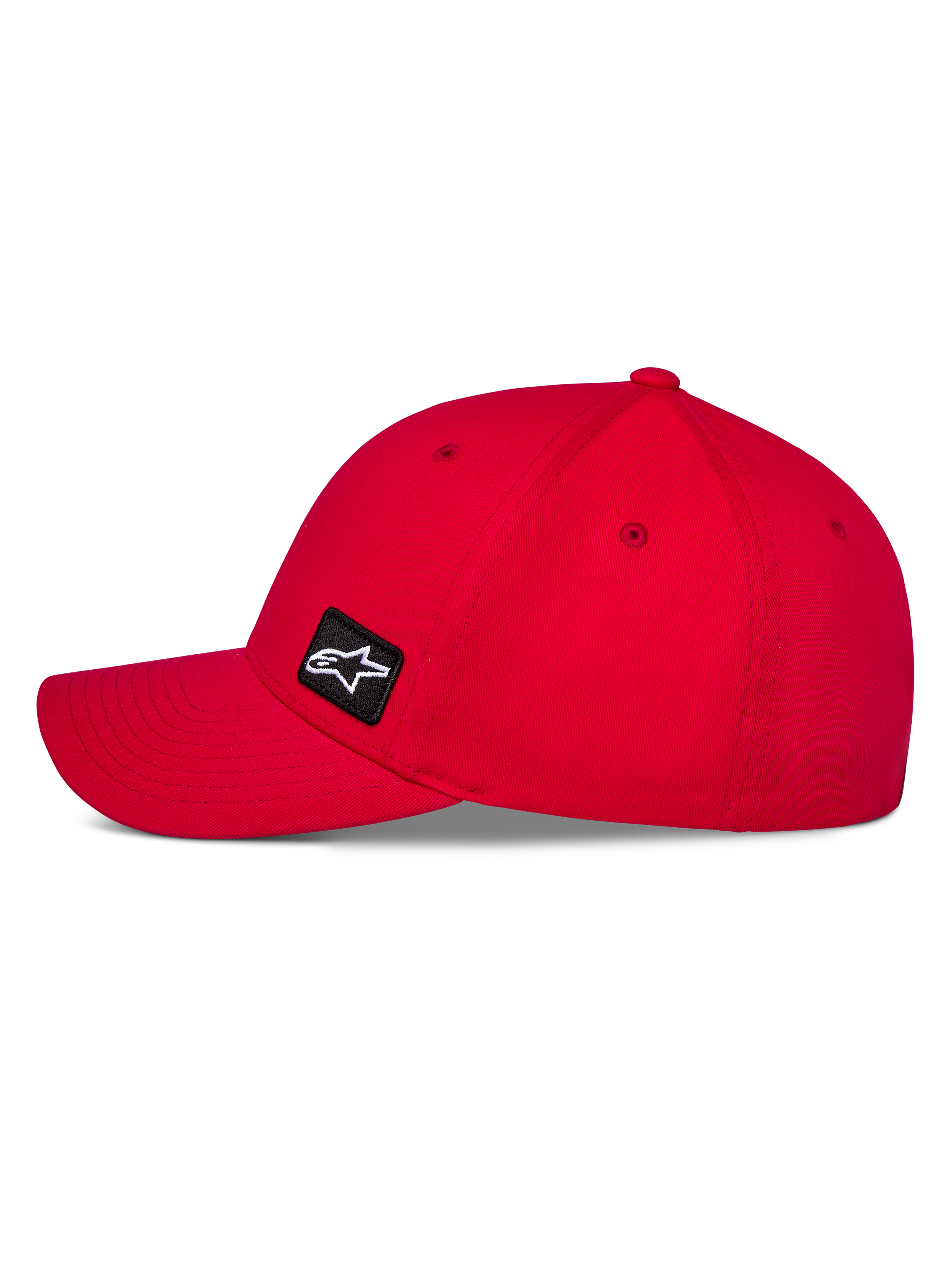 Alpinestars Pivot Hat, Red Sportswear Hat, side profile showing curved bill and structured crown, small black embroidered Astars logo patch, durable twill fabric, casual motorsport design