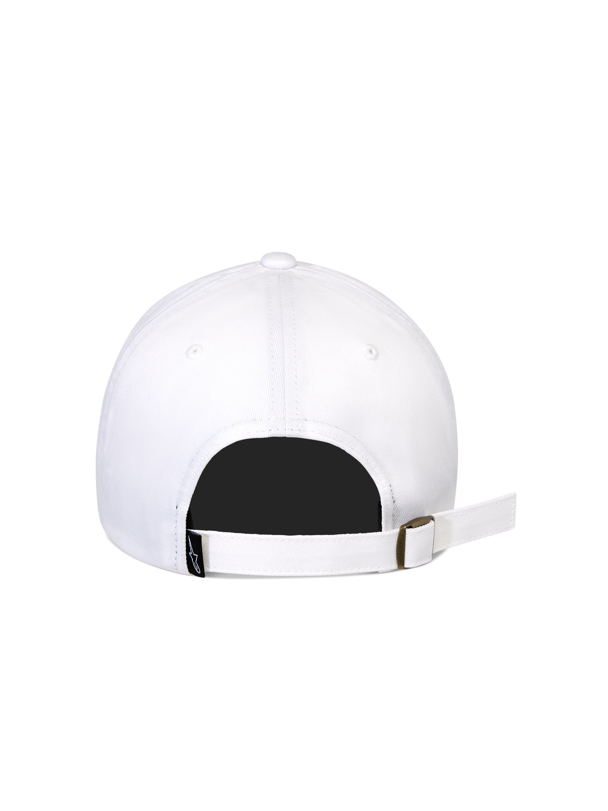 Alpinestars Calipalm Strapback Hat, White, Rear view showing adjustable strapback closure with metal buckle, white cotton twill fabric, small black woven logo tag, casual sportswear design