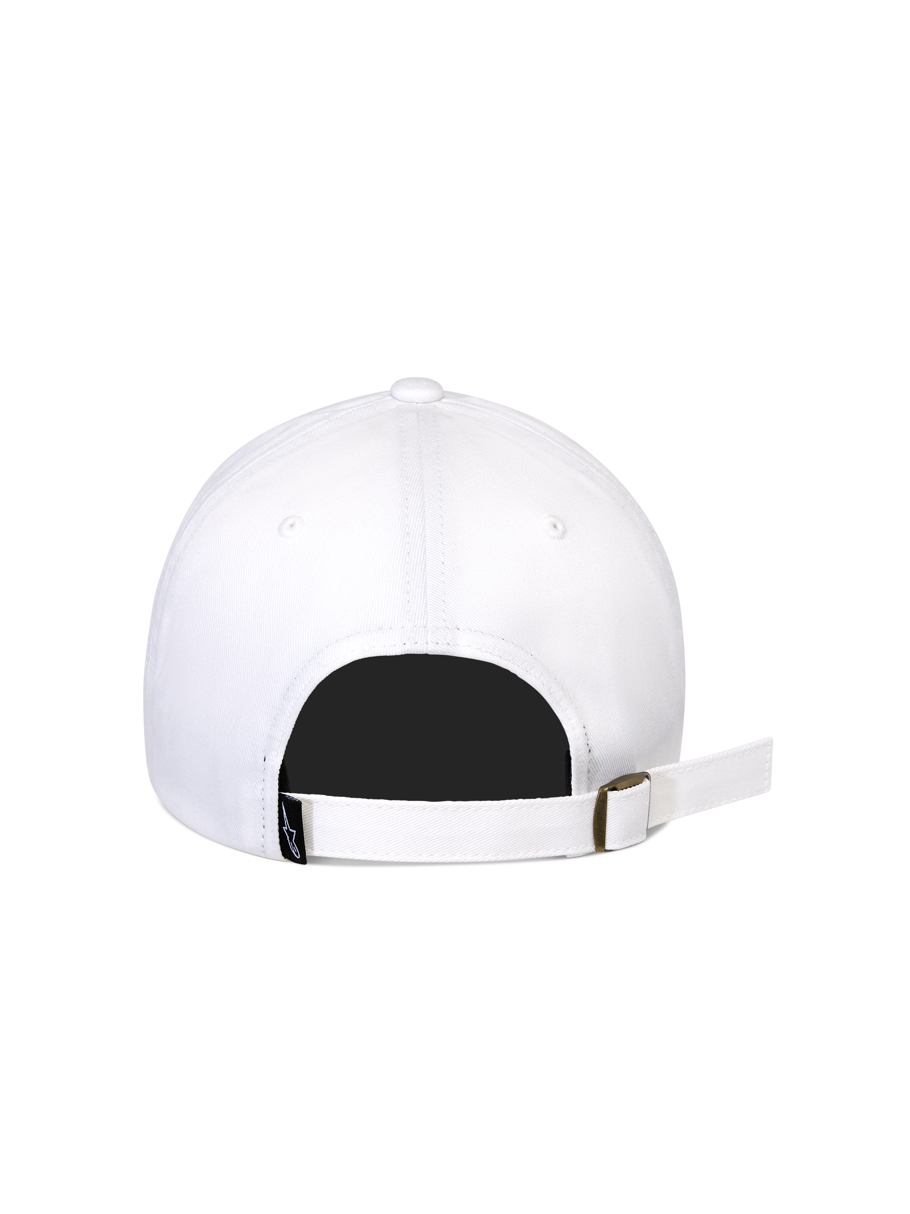 Alpinestars Calipalm Strapback Hat, White, Rear view showing adjustable strapback closure with metal buckle, white cotton twill fabric, small black woven logo tag, casual sportswear design