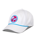 Alpinestars Calipalm Strapback Hat, White, curved bill with blue rope detail, circular front patch featuring a white palm tree and blue Astars logo on a pink background, casual sportswear headwear