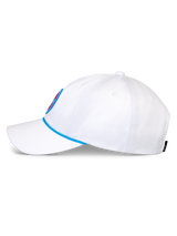 Alpinestars Calipalm Strapback Hat, White Baseball Cap, side view featuring a curved bill and blue rope detail, unstructured low crown in white cotton twill, casual sportswear headwear