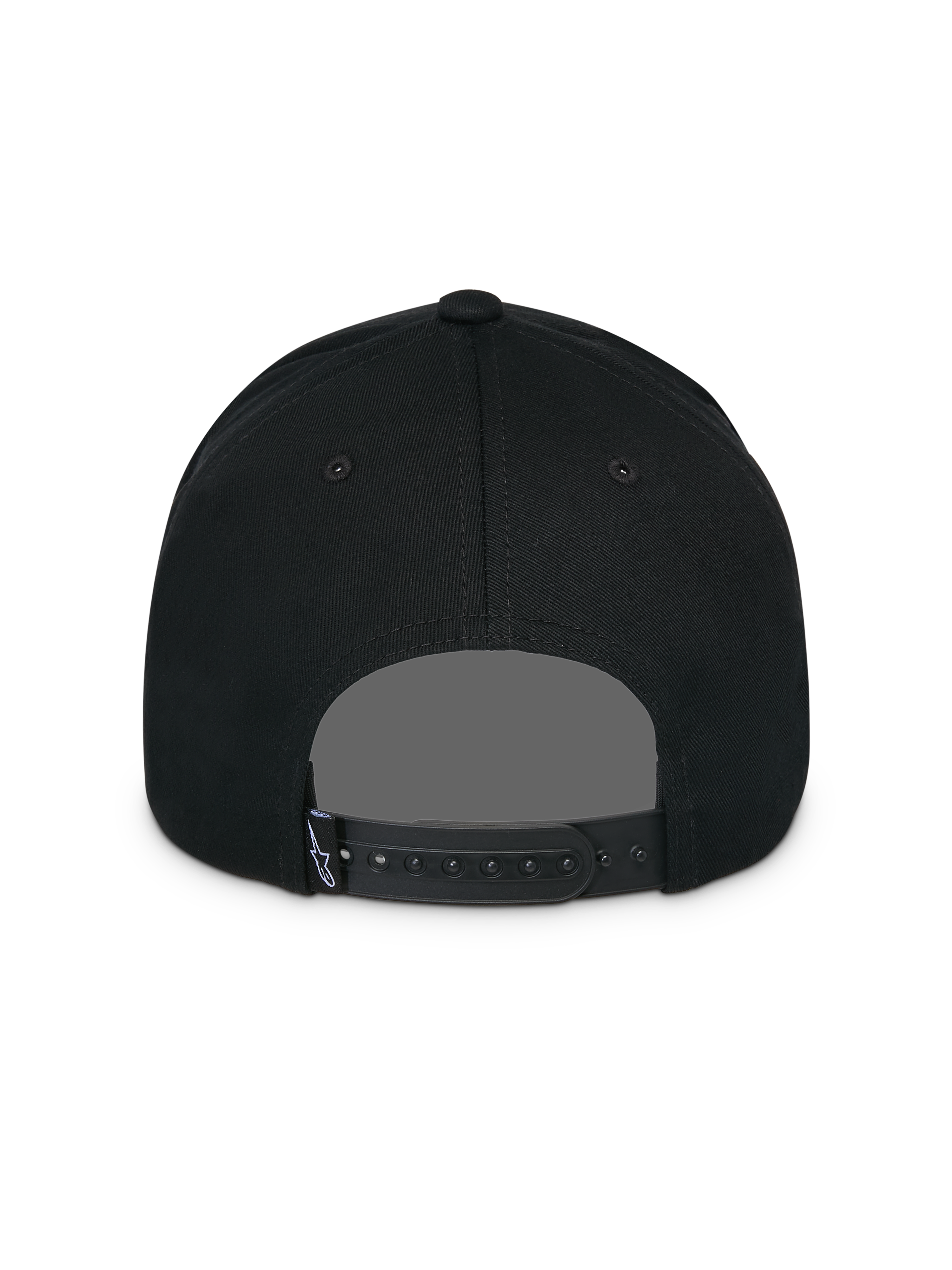 Alpinestars Lucid Snapback Hat, Black, Back View, featuring adjustable snapback closure and small Astars logo tag, structured crown, casual motorsport-inspired headwear