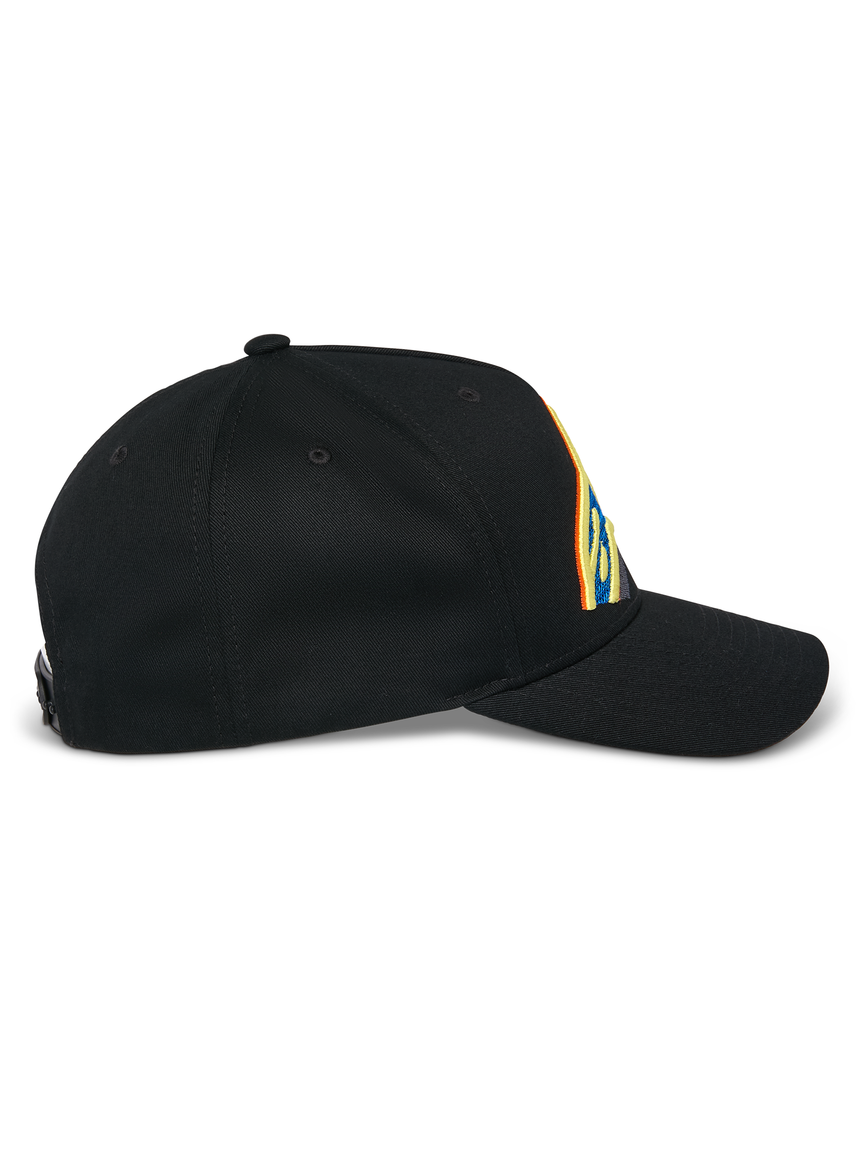 Alpinestars Lucid Snapback Hat, Black, side profile view, curved bill with structured crown, featuring vibrant multi-color logo embroidery, 100% cotton twill fabric.