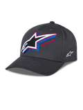 Alpinestars Lucid Snapback Hat, Charcoal Gray baseball cap, curved bill with structured crown, large multi-color embroidered Astars logo on front with 'Racing Ahead' text, small white side logo, casual motorsport style