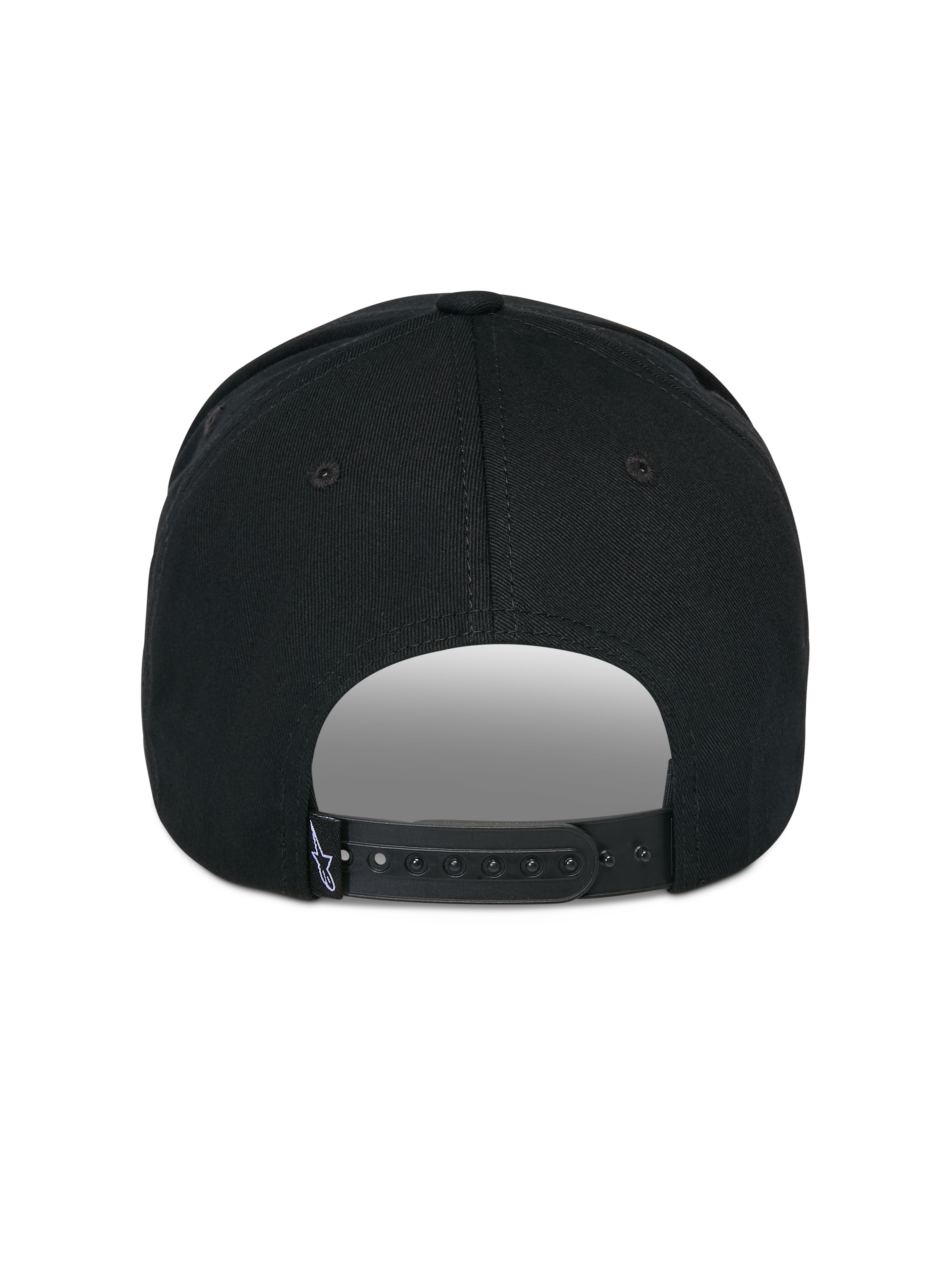 Alpinestars Matrix Snapback Hat, Black, Back View, featuring adjustable snapback closure with small white logo tag, structured crown and curved bill profile, casual motorsport-inspired streetwear