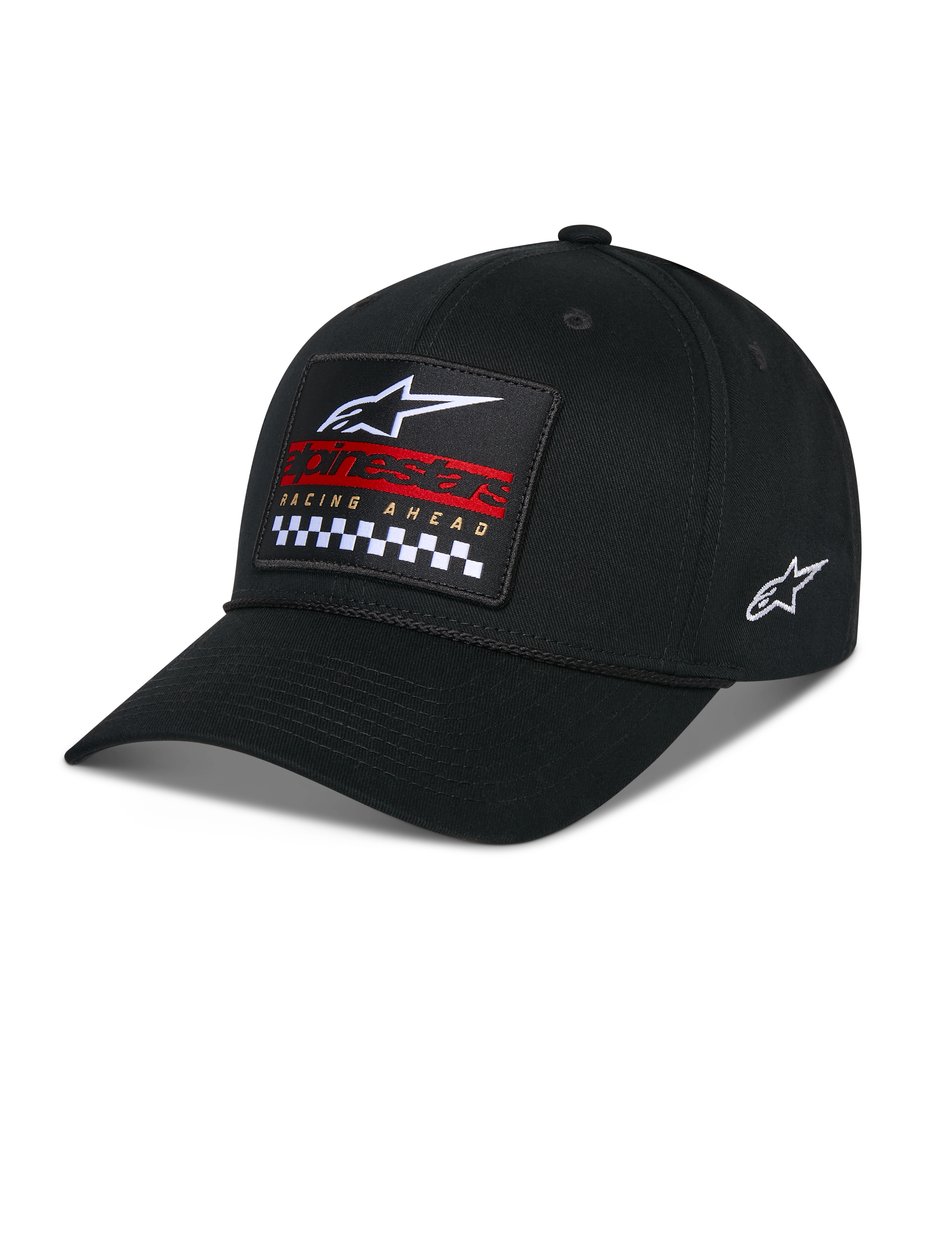 Alpinestars Matrix Snapback Hat, Black, curved bill with structured crown, front multi-color embroidery patch with Alpinestars logo, red branding, and checkered pattern, side embroidered logo, casual motorsport headwear