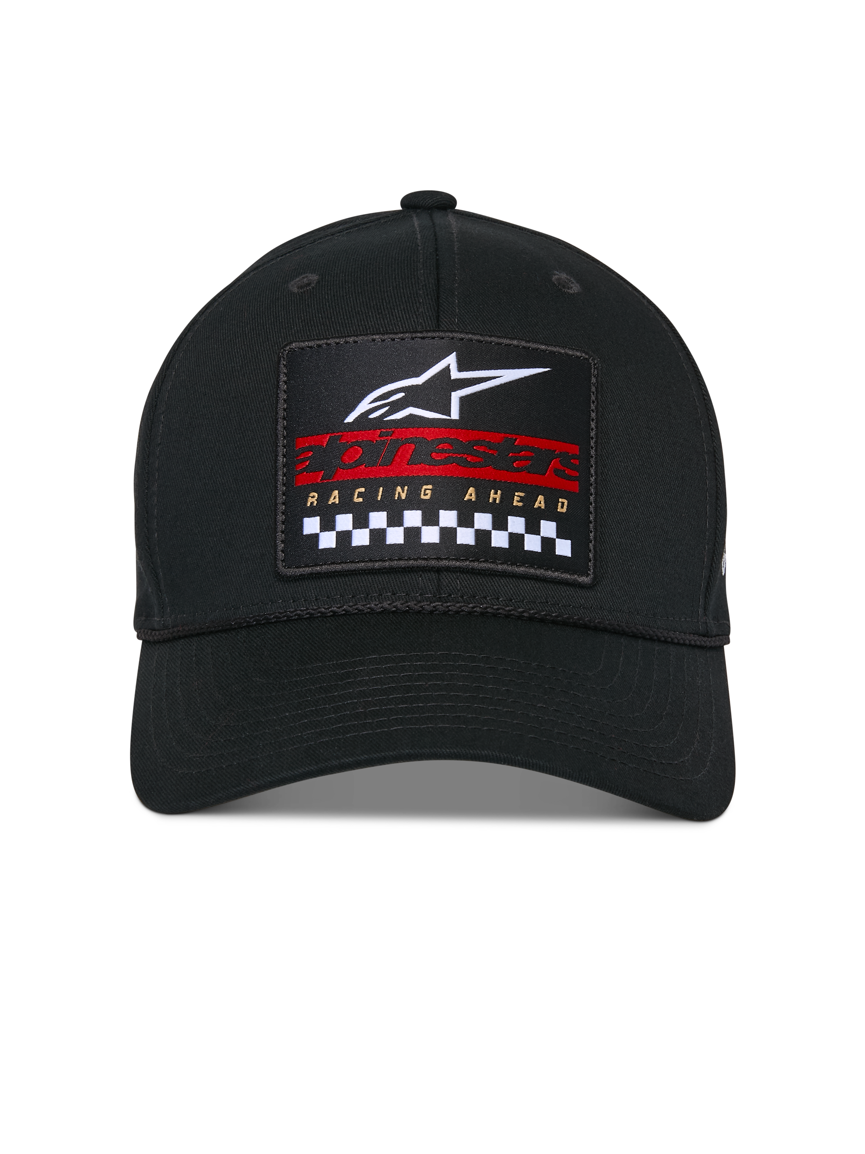 Alpinestars Matrix Snapback Hat, Black, Structured Crown and Curved Bill, Front view with multi-color embroidered patch featuring white Astars logo, red branding, and black and white checkered pattern, Casual Motorsport Headwear